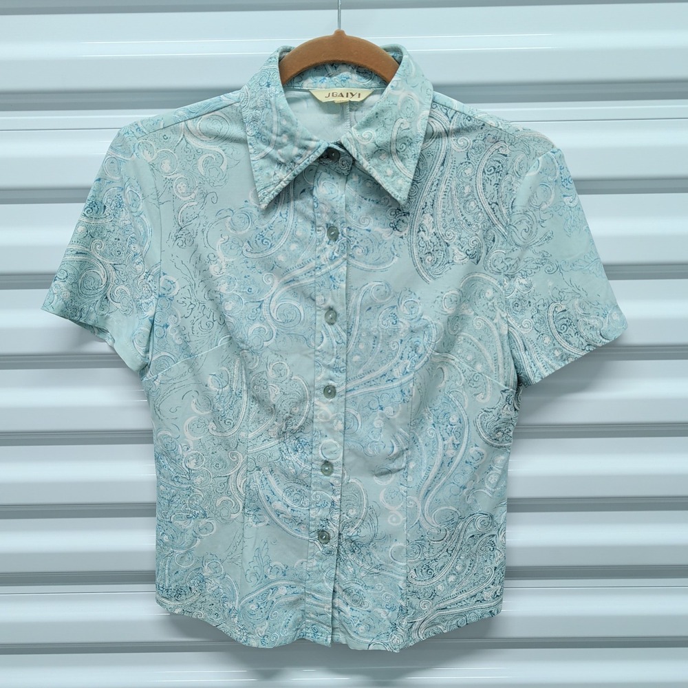 Jbaiyi Paisley Button Down Shirt Size LA Womens Blue Short Sleeve Blouse — photo 2